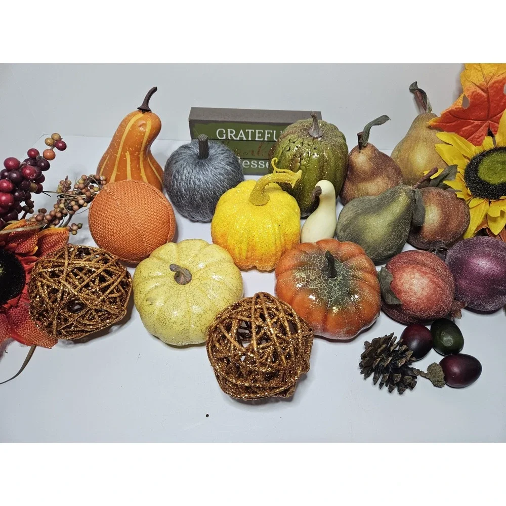 Huge Fall Decor Lot Faux Pumpkins Sunflower Fruit Grateful Sign Gourd Pinecone
